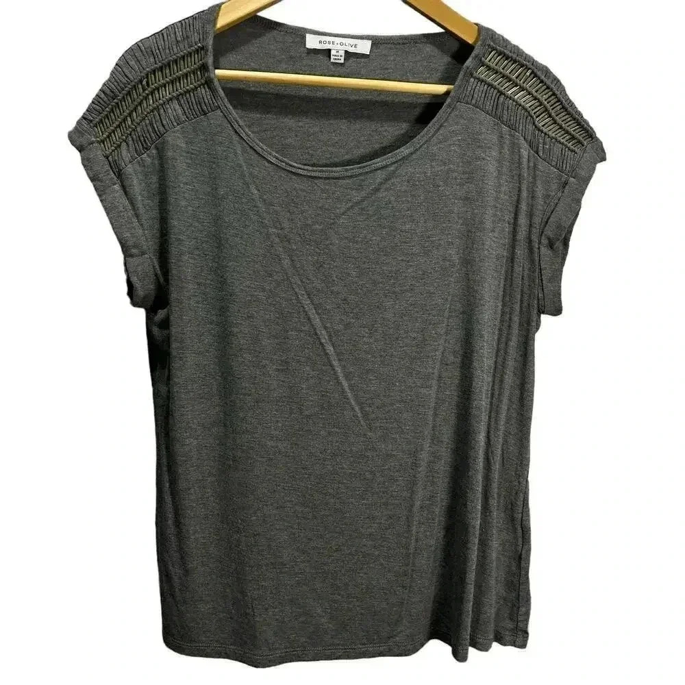 Rose & Olive Gray Blouse with Textured Shoulders